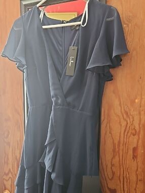 Lulu's Navy Ruffle Wrap-Style Midi Dress